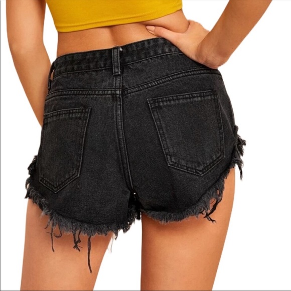 Distressed Raw Hem Denim Jean Shorts Black MidRise - Picture 3 of 5